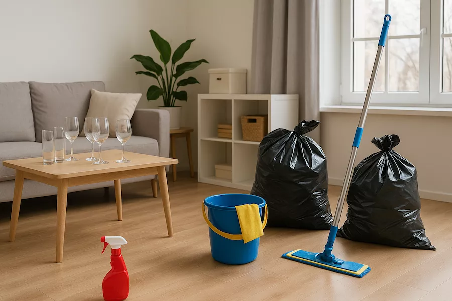 “Tomma glas, sopkassar och städutrustning i vardagsrum efter fest – symboliserar städning efter en större tillställning med fokus på återställning, ordning och fräsch miljö”